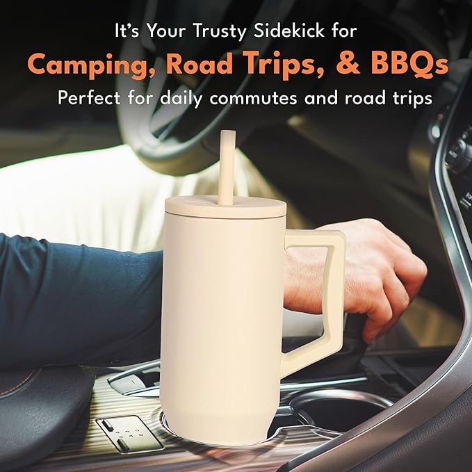 Elemental 40 oz Tumbler with Handle and Straw - Spill Proof Insulated Stainless Steel Commuter for Cold Beverages - Travel Coffee Mug with 2 Straws & Spill Proof Lid - 40oz - Beige