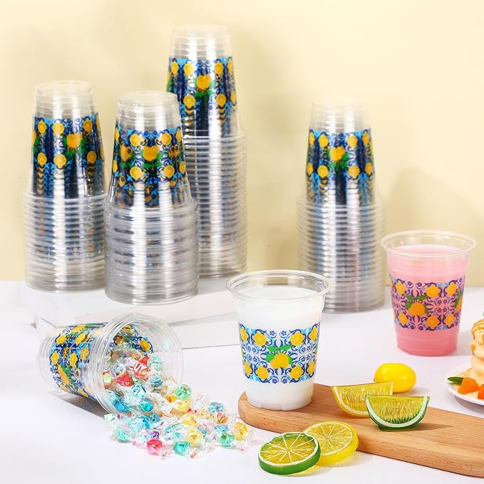 Jingmore 100 Pcs Capri Lemon Plastic Cups 12oz Blue Tiles Yellow Lemon Disposable Clear Plastic Drinking Cups for Birthday Wedding Bridal Baby Shower Summer Citrus Fruit Party Decorations Supplies