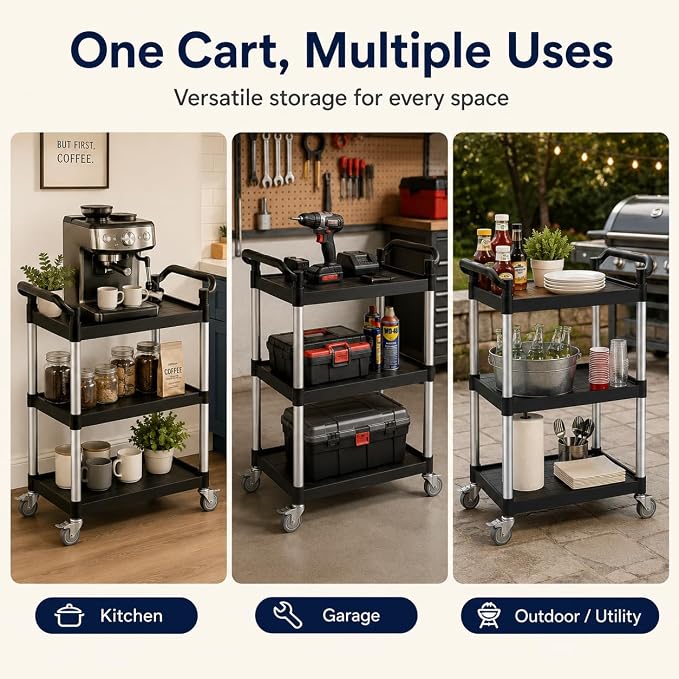 3-Tier Rolling Utility Cart with 2 Locking Brakes, 520 Lbs Heavy Duty 31.5"x15.7"x40.6" Commercial Service Cart, Tangle-Free Silent Wheels for Home, Office, Restaurant, Warehouse, Kitchen