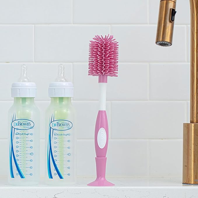 Dr. Brown's Soft Touch No Scratch Baby Bottle Cleaning Brush, Nipple Cleaner and Suction Cup Base for Easy Storage, BPA-Free, Pink, 4-Pack