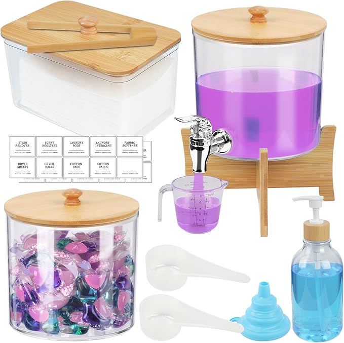 Laundry Room Organization Set 12, Laundry Pods Container & Dryer Sheet Holder with Lids & Labels, Liquid Laundry Detergent Dispenser, Fabric Softener Dispenser for Detergent Powder Dryer Balls Beads