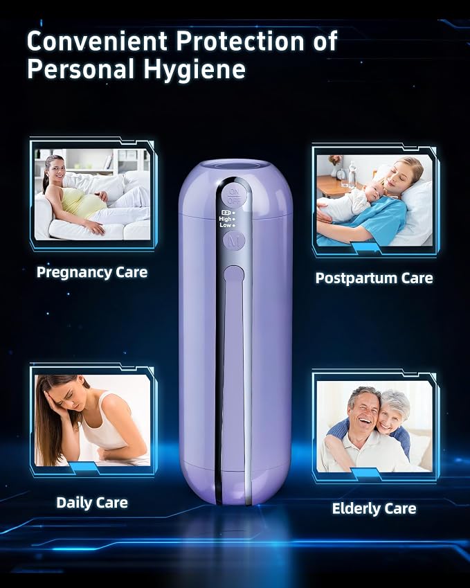 Electric Portable Bidet for Travel, Rechargeable USB-C Handheld High Pressure Sprayer, Camping 6.8oz Smart Foldable Water Storage, 2000mAh Battery Long Life, Personal Cleaner for Men & Women (Purple)