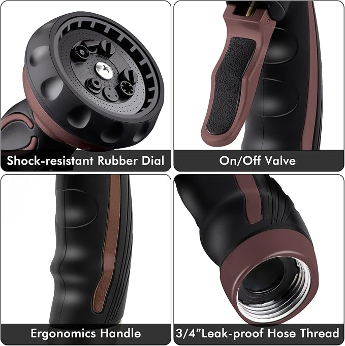 RESTMO Hose Nozzle with Easy Self-Lock Trigger, Heavy Duty Metal Water Hose Sprayer with 9 Spray Patterns and On/Off Valve, High Pressure | Thumb Flow Control, Ideal for Outdoor Lawn & Plant Watering