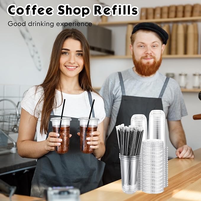 Ziliny 25 Set Clear Plastic Cups with Lids and Straws, Disposable Iced Coffee PET Cups for Drinking Cold Beverage Juice Parfait Smoothie Milkshake Coffee Shops Party Supplies (20 oz)