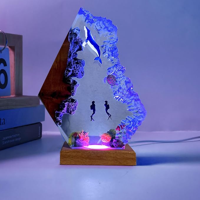 Scuba Diving Resin Night Light, USB Powered Resin Ocean Lamp with Wooden Base, Variable Lights,Whale Shark Decor for Home Office, Shark Gifts for Ocean Enthusiasts, Christmas Day,Birthday(L 12"x8")