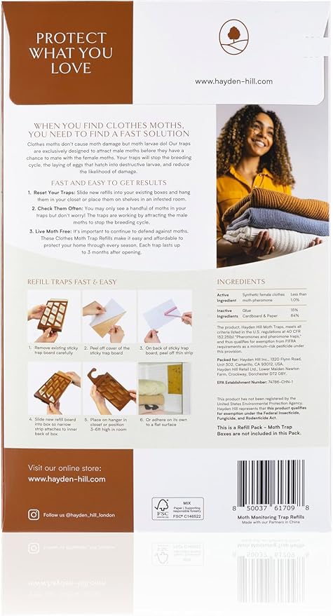 Clothes Moth Traps + Replacement Strips (9 Strips in Total) - Traps and Refills for Hayden Hill Moth Traps - for Closets and Clothing