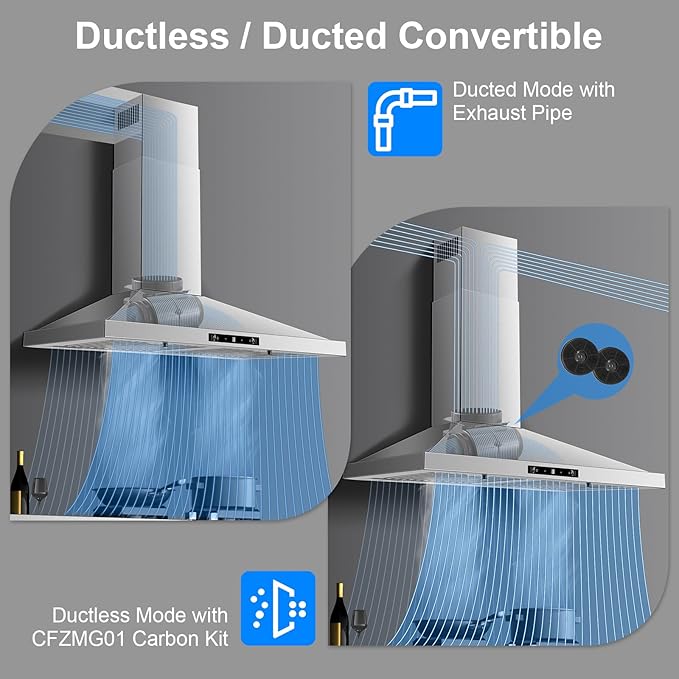 Wall Mount Range Hood 30 inch, Ducted/Ductless Range Hood with Gesture Sensing & Touch Control, Kitchen Hood 30 inch 450CFM, Vent Hood w/Stainless Steel Baffle Filters, 3 Speed Fan