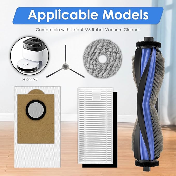 (23 Pack) M3 Replacement Parts Compatible with Lefant M3 Robot Vacuum Cleaner, 1 Roller Brush, 6 Side Brushes, 6 Dust Bags, 6 HEPA Filters with Foam Filters, 4 Mop Pads, Accessories Kit