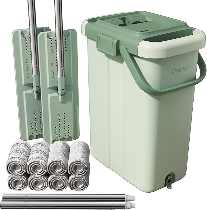 JOYMOOP Mop and Bucket Set for Household and Commercial Cleaning, Flat Mop System with 2 Mops and 8 Large Microfiber Pads for Floors and Walls