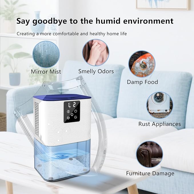 MTOX Dehumidifier, 3L/105oz Water Tank, 1100ml/Day, Dehumidifier for Bathroom Bedroom Basement RV, Quiet 28dB Sleep Mode, Auto Shut-Off, Auto Defrost, 7-Color LED Light, Digital Display (Blue White)