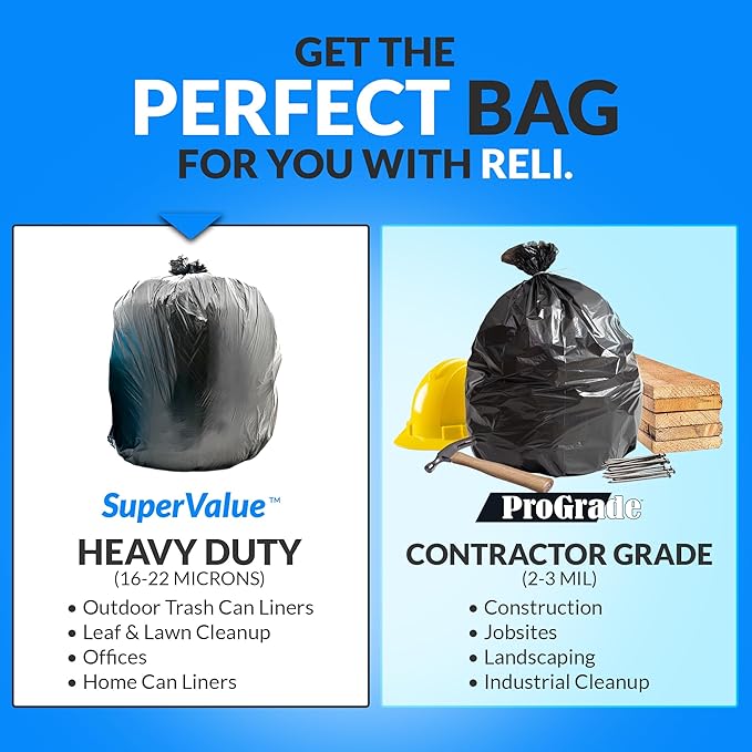 Reli. 55 Gallon Trash Bags Heavy Duty (100 Count) | Black | Twist Ties Included | Extra Tough, Leak-Proof Garbage Bags | Ideal for Large Clean Ups