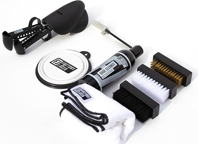 FACTORY LACED Shoe Cleaning Kit – Complete Sneaker Cleaner with 4 Brushes, 8oz Solution, Shoe Trees & Microfiber Towel – Works on Leather, Suede, Canvas & Mesh