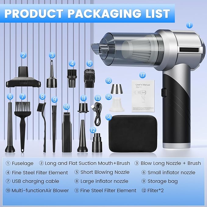 Car Vacuum Portable Cordless with 18000PA Super Suction, 4 in 1 Portable Air Blower/Car Vacuum 90°Foldable Handheld Rechargeable Brushless Motor, Gifts for Mother's Day for Home, PC