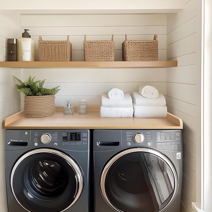 Kaboon Washer Dryer Countertop, Melamine Countertop with Edge Rails - 27.5" Depth x 54" Width Laundry Room Organization, Light Walnut