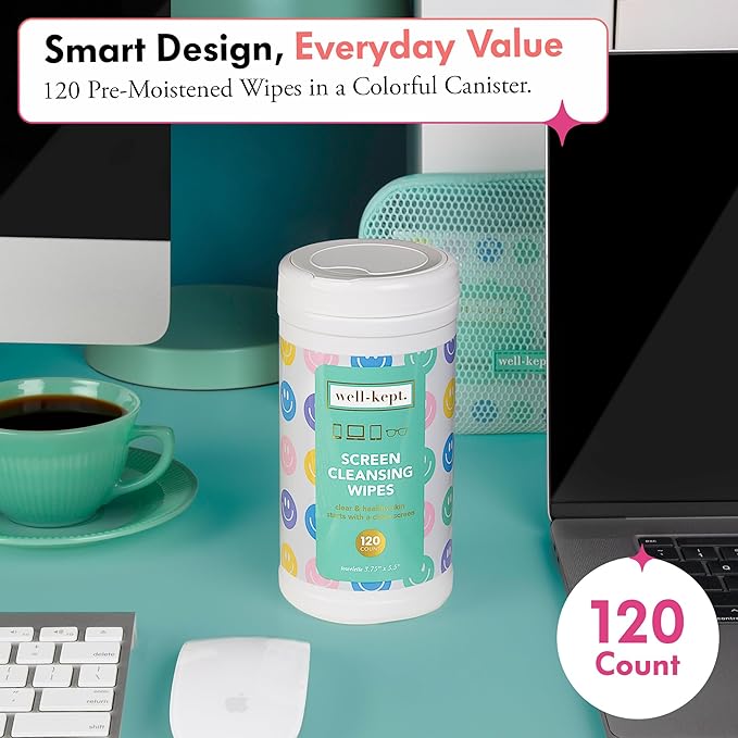 Well-Kept Tech & Lens Wipes - Eyeglass, Screen & Phone Cleaning, Multi-Surface, Lint-Free, Pre Moistened, Streak-Free & Non Scratching - NEW Size - All Smiles Canister, (120 Count)