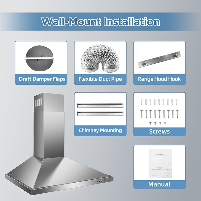 Range Hood 30 inch, Wall Mount Vent Hood in Stainless Steel, Ducted/Ductless Convertible Duct, Kitchen Hood w/Baffle Filters, 3 Speed Fan, Energy Saving LED Light, Push Button Control