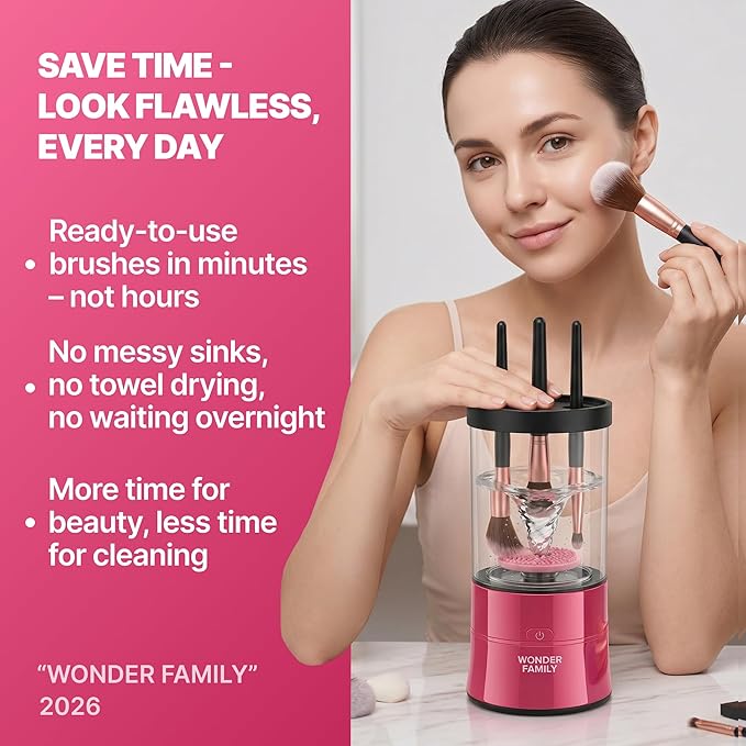 Electric Makeup Brush Cleaner β Automatic Brush Washer for Brushes & Sponges, USB Rechargeable Cleaning Machine with Silicone Disk, Portable Holder Stand (Pink) (Pink)