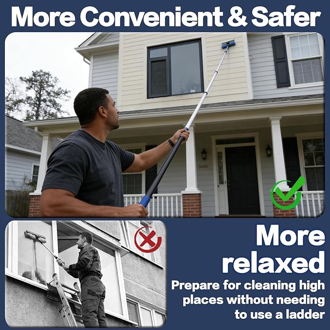 20FT High Reach Duster Cleaning Kit with 5-12 FTExtension Pole, High Ceiling Fan Cleaner Duster Tool for Fan Blades, Extendable Reusable Cobweb, Feather, Window Cleaning Squeegee Kit (12FT)