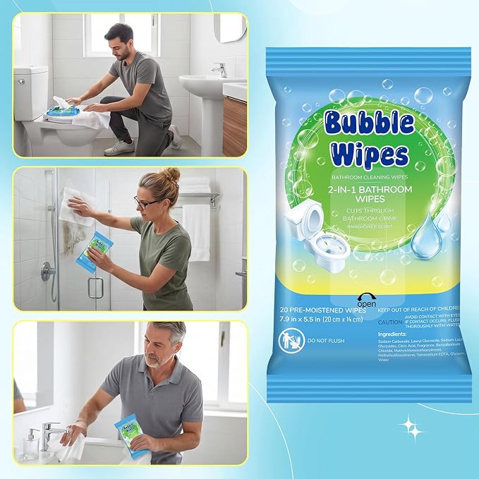 10 Pack Bathroom Cleaning Wipes 100/200 Count 2-in-1 Wipes Cleaner for Bathroom Toilet, Sink, Tile & Shower -Reusable Sealable Pouch, No Scrubbing Needed (Rain-dried Fragrance)