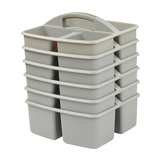 ECR4Kids 3-Compartment Small Plastic Caddy, Multipurpose Organization, Grey, 6-Pack