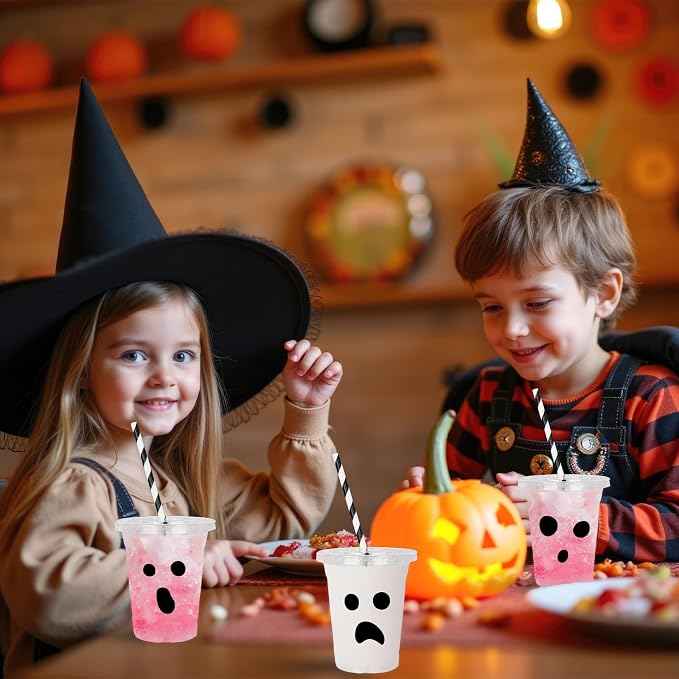 Whaline 60 Pcs 12 Oz Halloween Disposable Plastic Cups with Lids and Straws Black Spooky Ghost Cold Beverage Drinking Cups for Trick or Treat Birthday Party Supplies