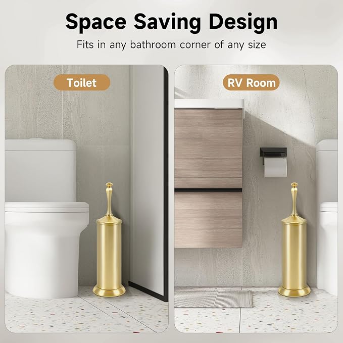 Brushed Gold Toilet Brush and Holder,Extra Long Handled Toilet Brush for Bathroom,Stainless Steel Heavy Duty Toilet Bowl Brush,Deep Cleaning Modern Toilet Cleaner Brush -Space Saving, Covered Brush