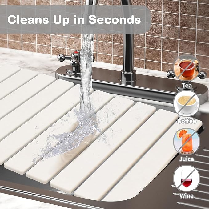 Large Stone Dish Drying Mats for Kitchen Counter, 24"(L)×16"(W) White, Drying Collapsible Dish Drying Mat, Eco-Friendly Absorbent Diatomaceous Earth Mats for Dishes Bottles Cups