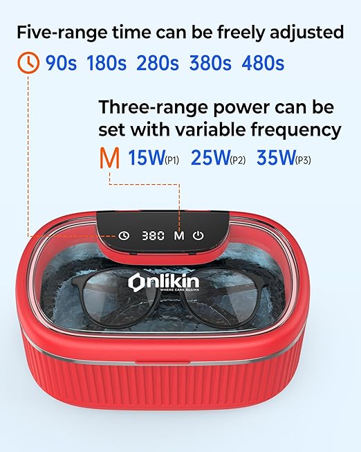 45KHz Ultrasonic Jewelry Cleaner, 5 Timer & 3 Power Modes, 35W Retainer Cleaner for Jewelry, Eyeglasses, Rings, Watch Strap, Dentures - Quiet <38dB, 20oz, 304 Stainless Steel (Red)