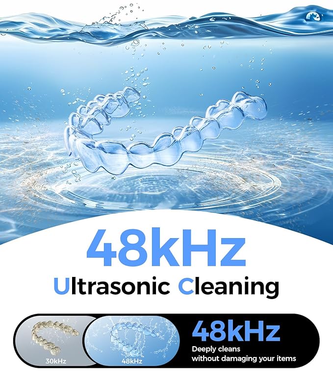 Retainer Cleaner 48kHz, Ultrasonic Retainer Cleaner Machine with 4 Modes for Dentures, Aligners, Mouthguards, Retainers, Jewelry Cleaner and Dental Cleaning Pod, 25W Ultrasonic Jewelry Cleaner