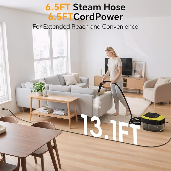 Heapsion Steam Cleaner, Steamer for Cleaning with 15s Fast Heat-Up, 6 Adjustable Levels, 12-Piece Accessories, 1500W Portable Steam Cleaner for Grout, Tiles, Kitchen, Car Detailing, Yellow