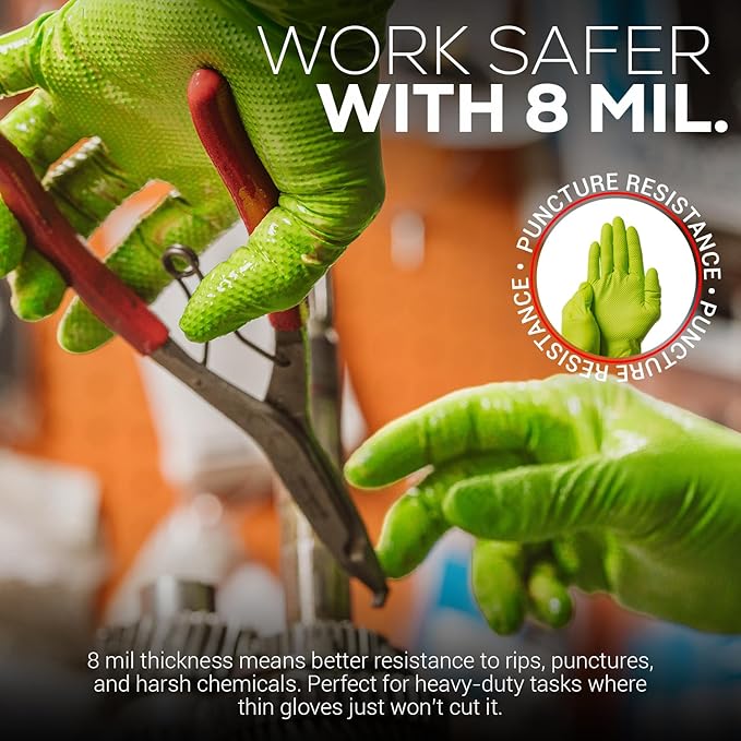 First Glove Heavy Duty Diamond Textured 8 Mil Thick Green Nitrile Gloves - Industrial Nitrile Gloves - Latex-Free