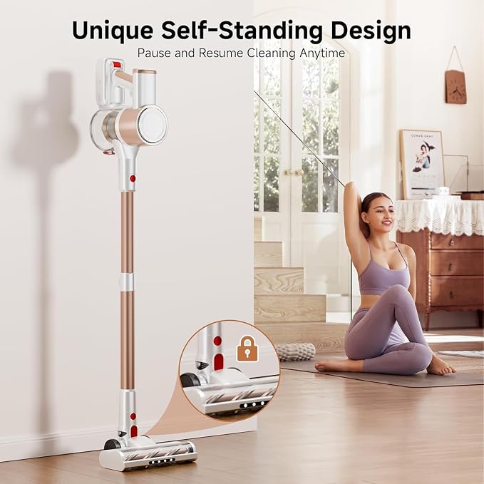 Cordless Vacuum Cleaner, 40Kpa Vacuum Cleaners for Home, Cordless Vacuum with LED Display, 8 in 1 Rechargeable Vacuum (Gold)