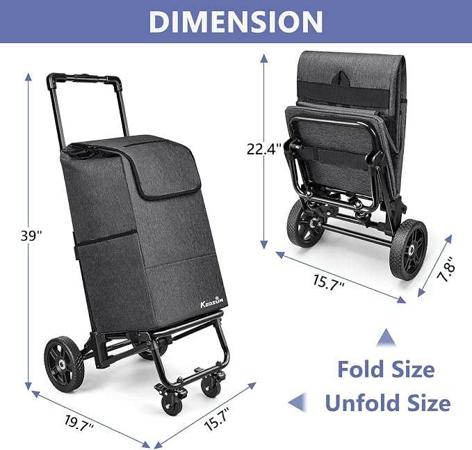 KEDSUM 3 in 1 Shopping Cart with Wheels, 60L/250LBS Multi Use Grocery Cart with 7" Big Wheels & Removable Waterproof Bag, Personal Shopping Carts for Groceries, Telescoping Handle & Thickened Steel