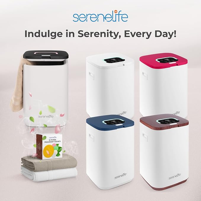 SereneLife Towel Warmer Bucket - Compact 23L Bathroom Towel Heater with Essential Oils Disc Holder, Adjustable Timer, Auto Shut-Off, Power Cord Storage & LED Display, Fits 2 Oversized Towels (Black)