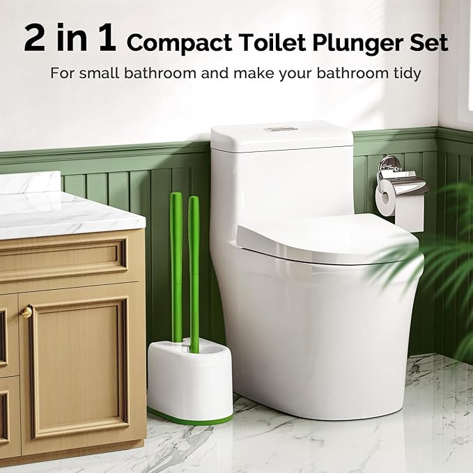 HAMITOR Toilet Plunger Bowl Brush Combo:Heavy Duty Rubber for Drain Clog Remover - Curved Design Bristles for Deep Cleaning Under Rim - Compact Bathroom Cleaning Tools for New Homet Essentials-Green