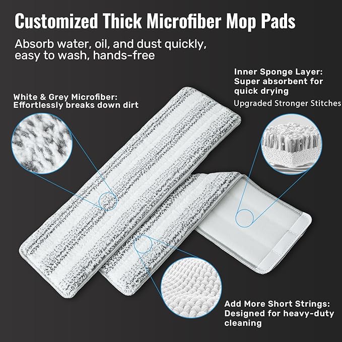 HoMettler Mop and Bucket Set, 3-Tank Flat Mop and Bucket System for Separate Dirty & Clean Water, 65" Mops for Floor Cleaning with 6 Washable Pads, Safe for Hardwood, Vinyl, Tile, Baseboards, Walls