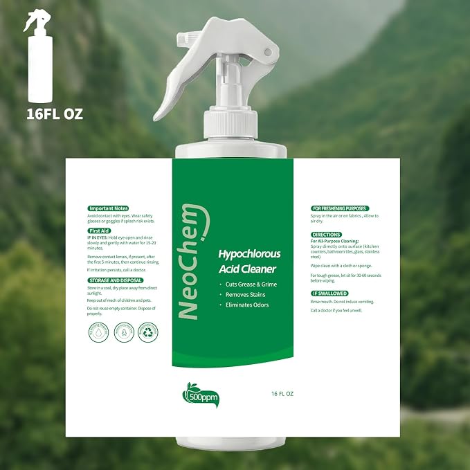 Hypochlorous Acid Spray For Cleaning, 500ppm Hypochlorous Acid,Cuts Grease, Removes Stains, Eliminates Odors - No Rinse, No Harsh Fumes, Biodegradable (16oz*2)