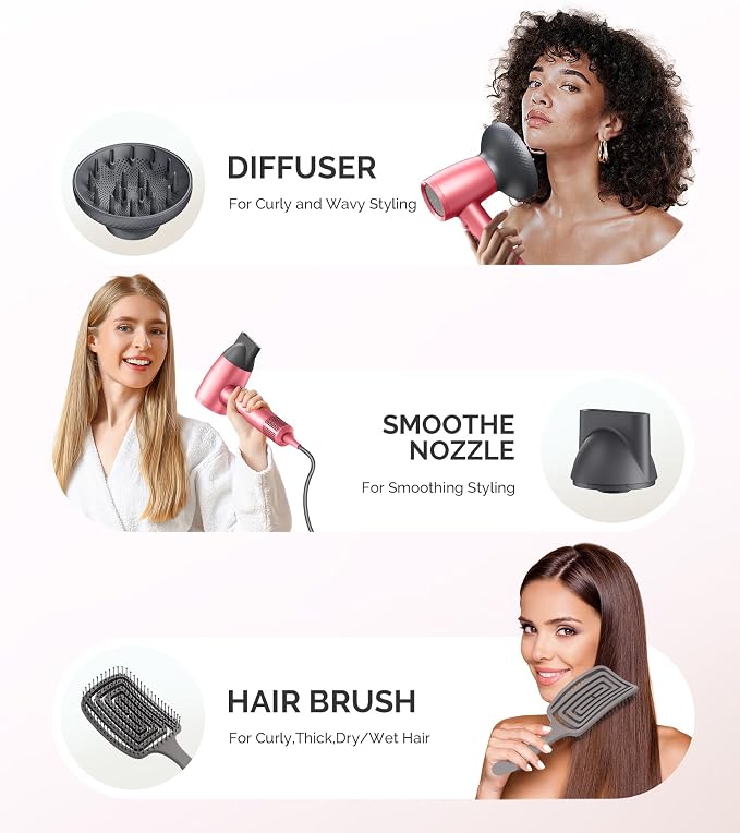 MelodySusie Hair Dryer with Diffuser, 1600W Fast Drying Low Noise Ionic Hair Dryer for Curly Hair with Diffuser,Nozzle and Hair Brush,120,000 RPM Blow Dryer Ideal for Women