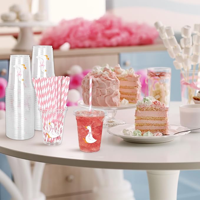 Whaline 50 Pcs One Silly Goose Disposable Plastic Cups with Lids and Straws 12 Oz Cute Pink Bow Goose Cold Beverage Drinking Cups for First Birthday Baby Shower Party Supplies