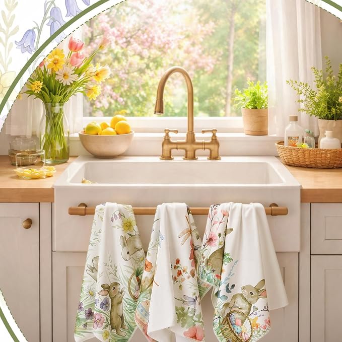 Tegeme 4 Pcs Spring Bunny Wildflowers Kitchen Towel Retro Vintage Flowers Dish Towels 18 x 26 Inch Floral Decorative Hand Tea Towel for Bathroom Baking Cooking Cleaning Holiday Party Supplies