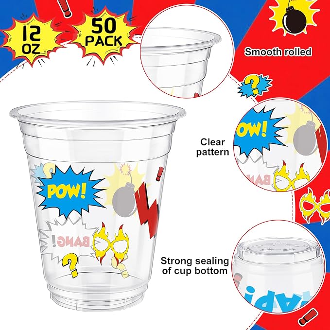 Uiifan 50 Pcs Hero Party Cups Supplies Bulk Comic Hero's Action Birthday Party Decoration 12 oz Cityscape Buildings Disposable Clear Plastic Cups for Hot Cold Drinking Birthday Favor