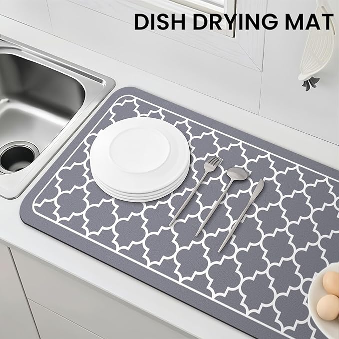 WISELIFE Dish Drying Mat Super Absorbent Drying Mat Large Dish Drying Mats for Kitchen Counter Easy Clean Dish Mat Kitchen Drying Mat18"x 32" Stylish Grey