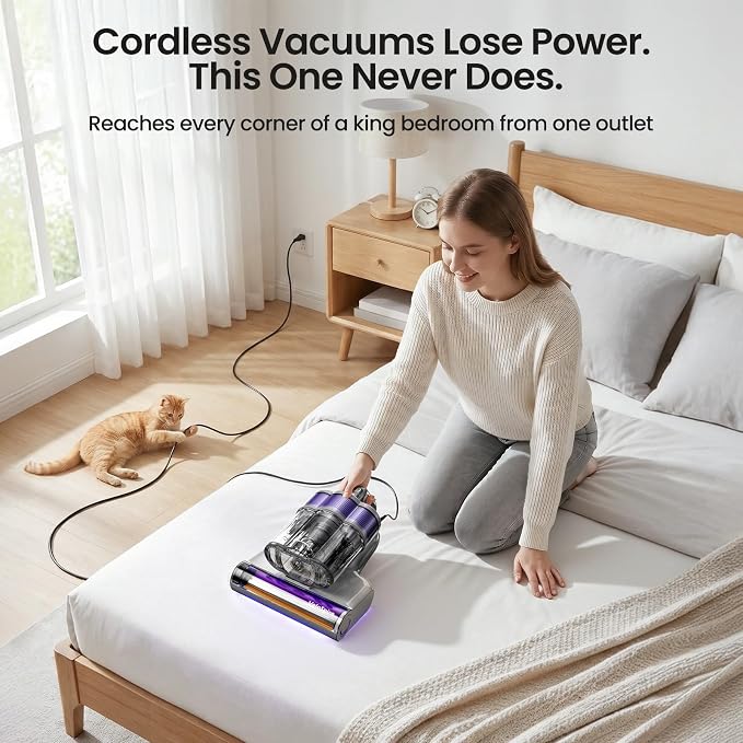 Bed Vacuum Cleaner, 20kPa Handheld Mattress Vacuum Cleaner with 253.7nm UV-C Light, Ultrasonic & 149°F Heating, Triple-Cup, Pet Hair Brush for Cleaning Bed, Sofa, Corded 650W