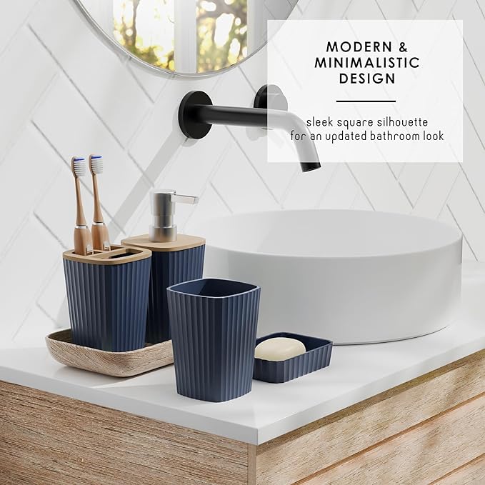 Clara Clark Bathroom Accessories Set - Bathroom Set, Bathroom Accessory Set, Shower Curtain Set, Toilet Brush, Trash Can & Soap Dispenser - Navy - 20PC