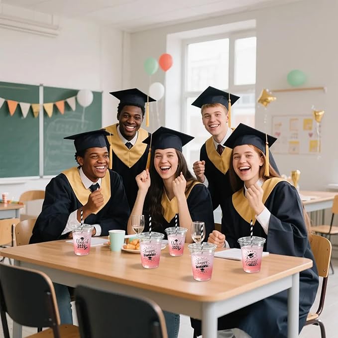 50 Pack Graduation Plastic Cups with Lids Straws 12 oz Black Disposable Class of 2026 Decorations Graduation Party Favor Drinking Beverage Cup for Party Supplies Decorations