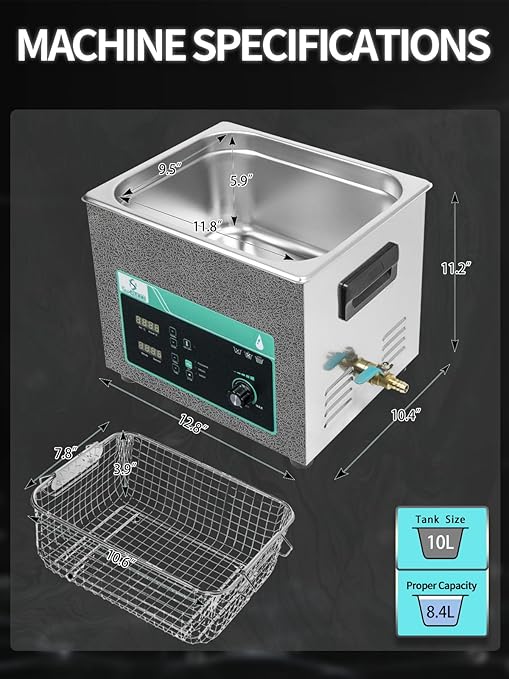 Ultrasonic Cleaner 10L, Sweep Function, 240W Power Adjustable Ultrasonic Parts Cleaner for Cleaning Carburetor, Metal Engine Parts, Gun, Oil Filter, Bike Chain, Gear, Eyewear, Watch, Jewelry