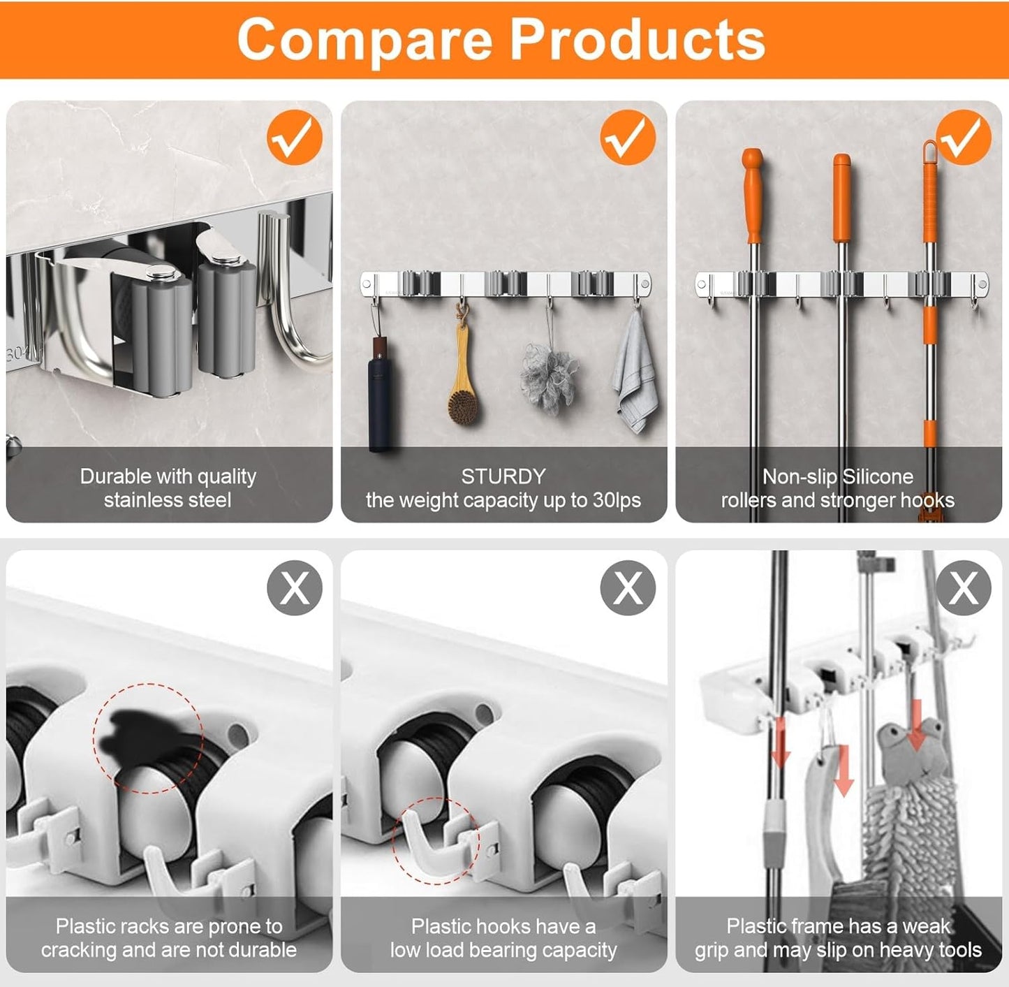 Mop and Broom Holder Wall Mount, Upgraded Broom Organizer Wall Mount, Stainless Steel Broom Hanger Wall Mount for Home Kitchen Garden Laundry Garage (5 Racks with 4 Hooks Black)