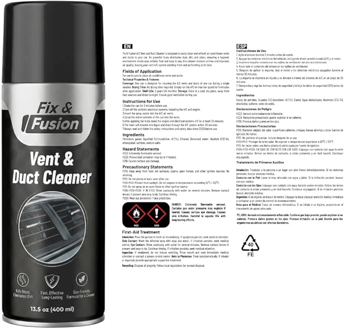 FIX & FUSION A/C Vent and Duct Cleaner (13.5 oz)| Foaming Spray for Car Air Conditioner | Freshens & Cleans Dust Build-Up | Fast, No-Rinse Formula | Automotive HVAC Refresher & Detailer (6 Pack)