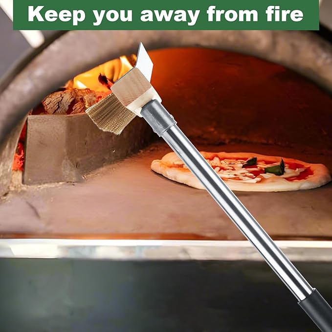 Aluminum Pizza Oven Brush, Grill Brush with Scraper and 3 Sections of Detachable Long Rod Design for Commercial Cleaning, Restaurants, Kitchens, BBQ Shelf Or Any Grill