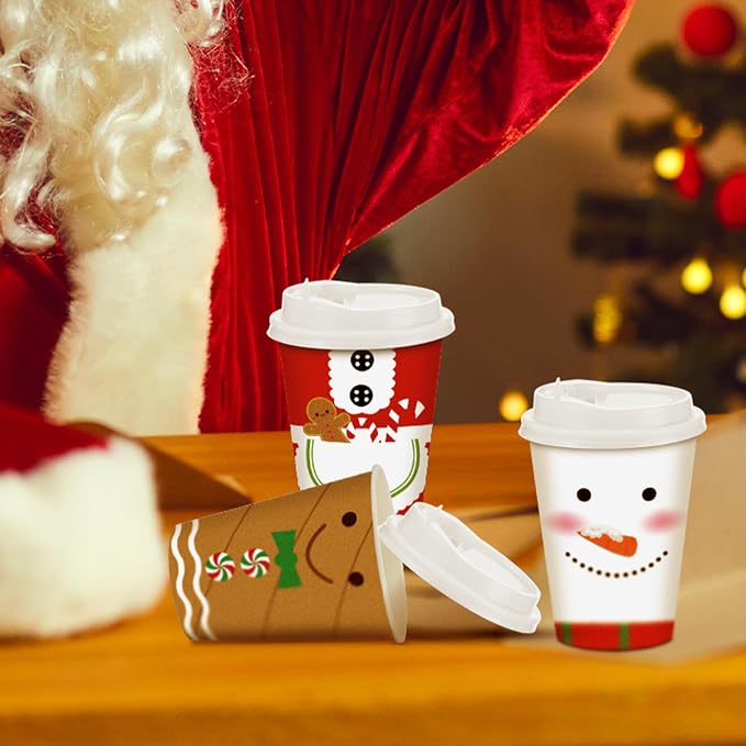 Gerrii 100 Set Christmas Paper Cups Disposable 12 oz with Lids Hot Chocolate Cups Coffee Cups Holiday Hot Cups for Hot and Cold Drinks Tea Water Bar Supplies Winter Season (Cute Style)